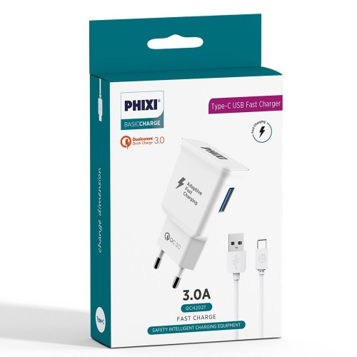 Phixi QCH202T Basic 12V / 3A Qualcomm 3.0 Type-C USB Kablolu Hızlı Şarj Cihazı